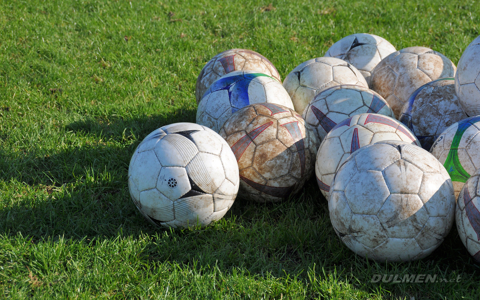 Intensively used footballs on grass